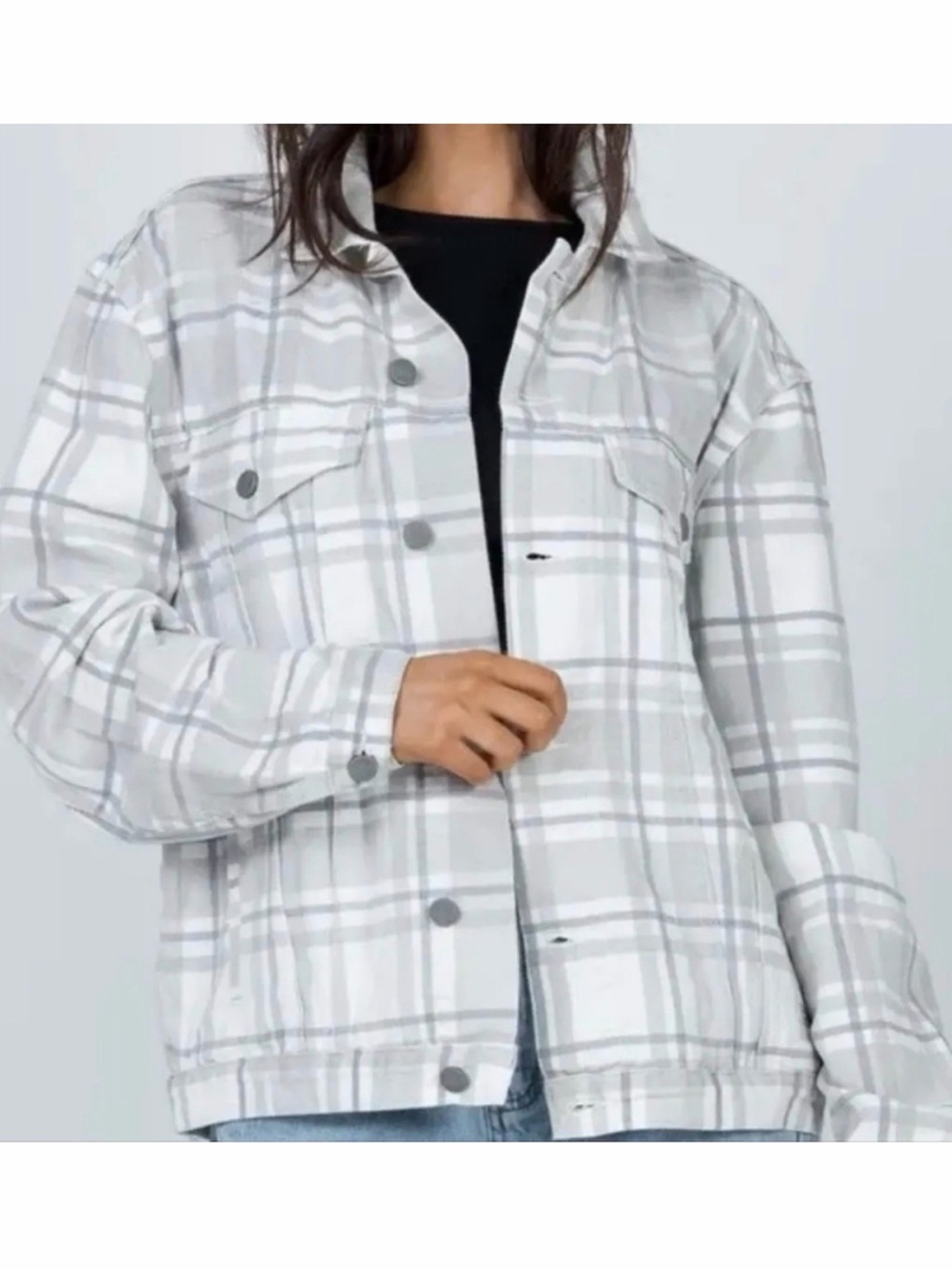 Princess Polly Oversized Light Grey Jean Jacket Plaid Button Jacket